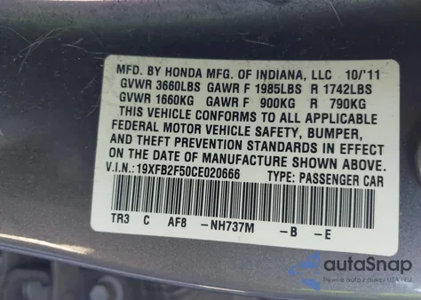 2012 Honda Civic Lx z USA, uszkodzony, nr VIN 19XFB2F50CE020666